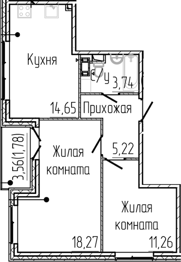 2-комнатная квартира 54.92 м², 2/4 эт., ЖК «SERTOLOVO PARK»